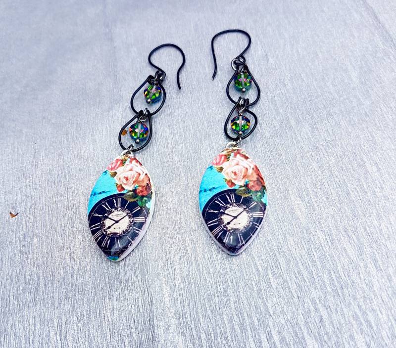 Polymer Clay Rosen Uhr Ohrringe Kristallohrringe von SweetgemsDesign