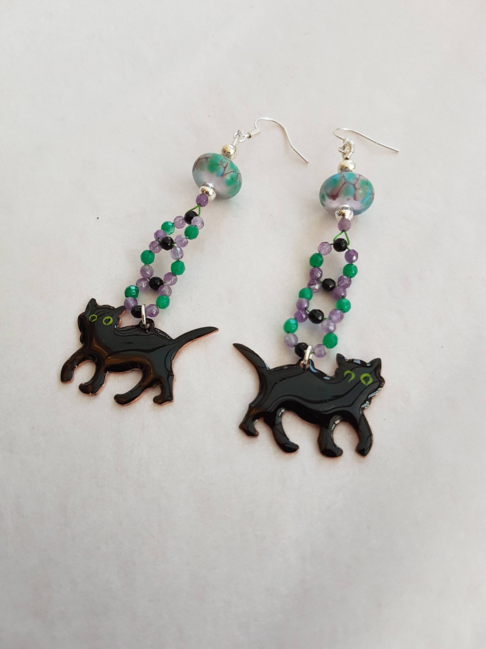 Schwarze Katze Ohrringe Achat & Glasperlen von SweetgemsDesign
