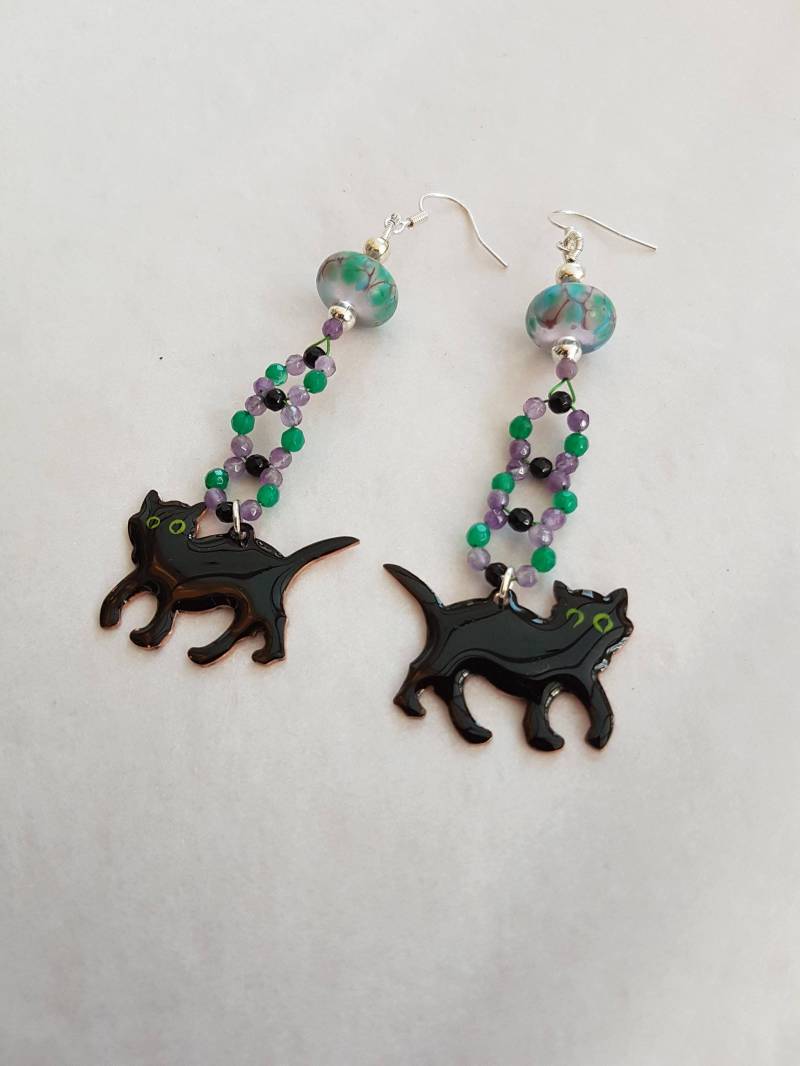 Schwarze Katze Ohrringe Achat & Glasperlen von SweetgemsDesign