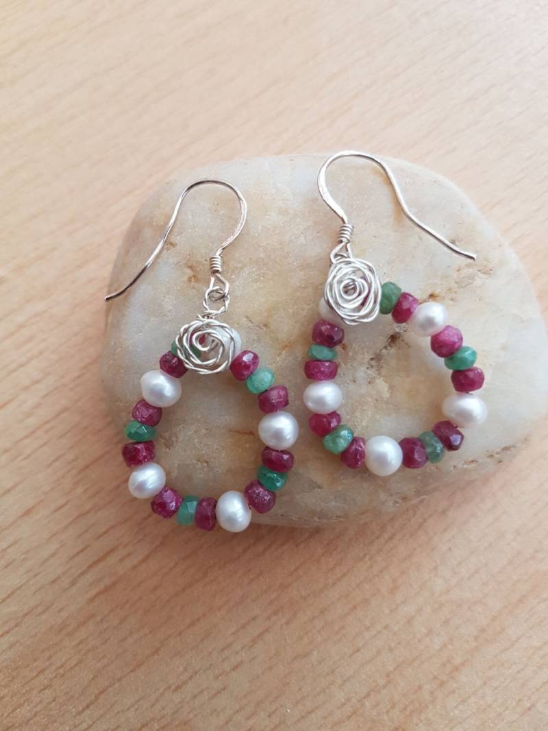 Smaragd Rubin Perle Creolen Sterling Silber Edelstein Schmuck von SweetgemsDesign