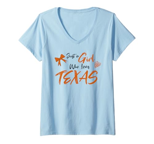 Damen Just a Girl Who Loves Texas. with Heart and Bow Cute T-Shirt mit V-Ausschnitt Damen Just a Girl Who Loves Texas. with Heart and Bow Cute T-Shirt mit V-Ausschnitt von Sweetheart Texas Apparel