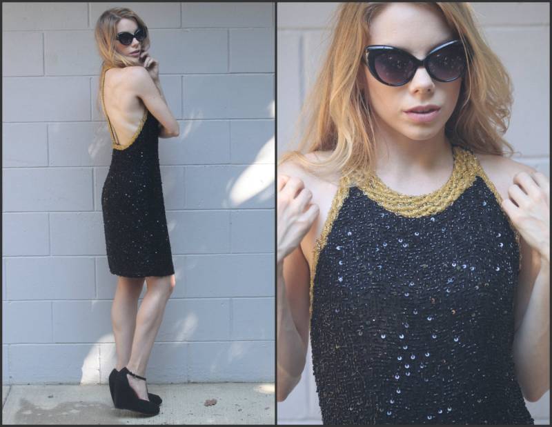 Vintage 80Er Jahre Oleg Cassini Traumhaftes Pailletten Cocktail Rückenloses Kleid Xs S M von Sweetiesvintage