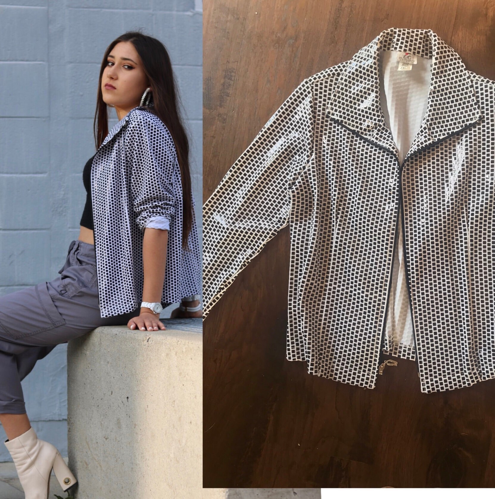 Vintage 80Er Schwarz Weiß Jacke Slick Streetwear Shiny Mod Skater - Medium von Sweetiesvintage