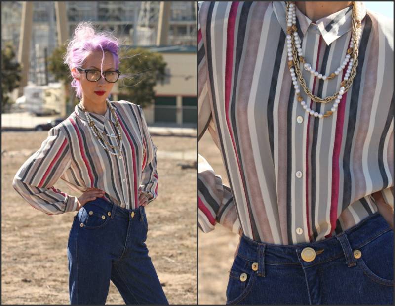 Vtg Vintage 80Er Jahre Sekretärin Bluse Top Tunika Gestreift Hohen Hals Taste Bis Xs S M von Sweetiesvintage
