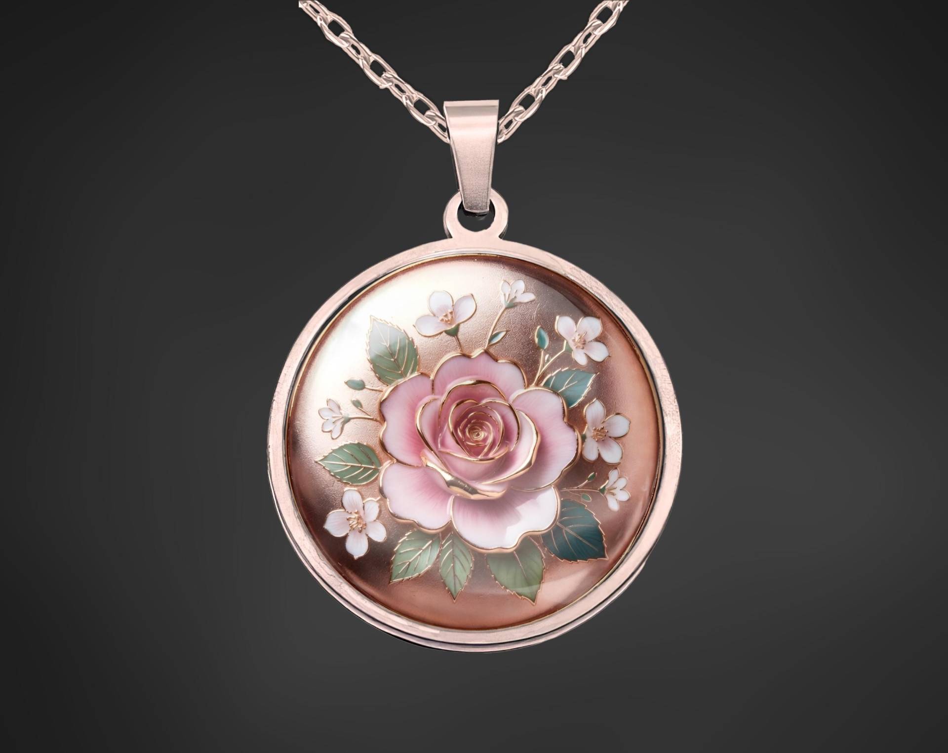 Damen Halskette Mit Rundem Anhänger Roségold Rose von Sweetlittlelove24