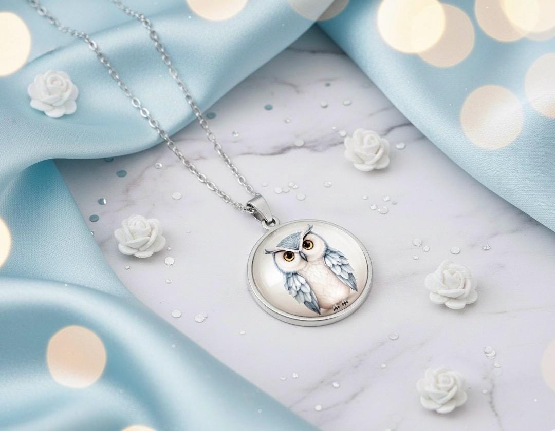 Eulen Halskette Silber Weiß Hellblau Edelstahl Glas von Sweetlittlelove24