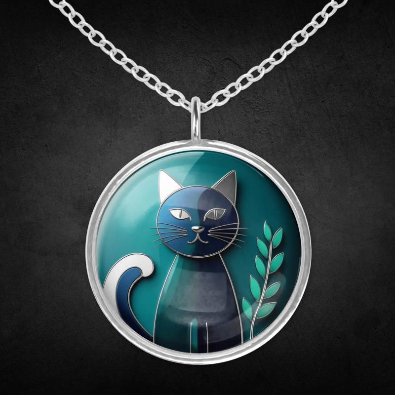 Frauen Halskette Katze Silber Türkis Blau Geschenk von Sweetlittlelove24