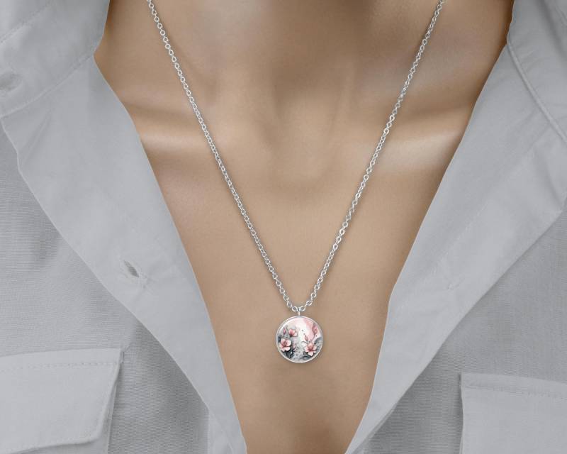 Halskette Mit Blumen Anhänger Rosa Grau Silber Halskette Mit Blumen Anhänger Rosa Grau Silber von Sweetlittlelove24