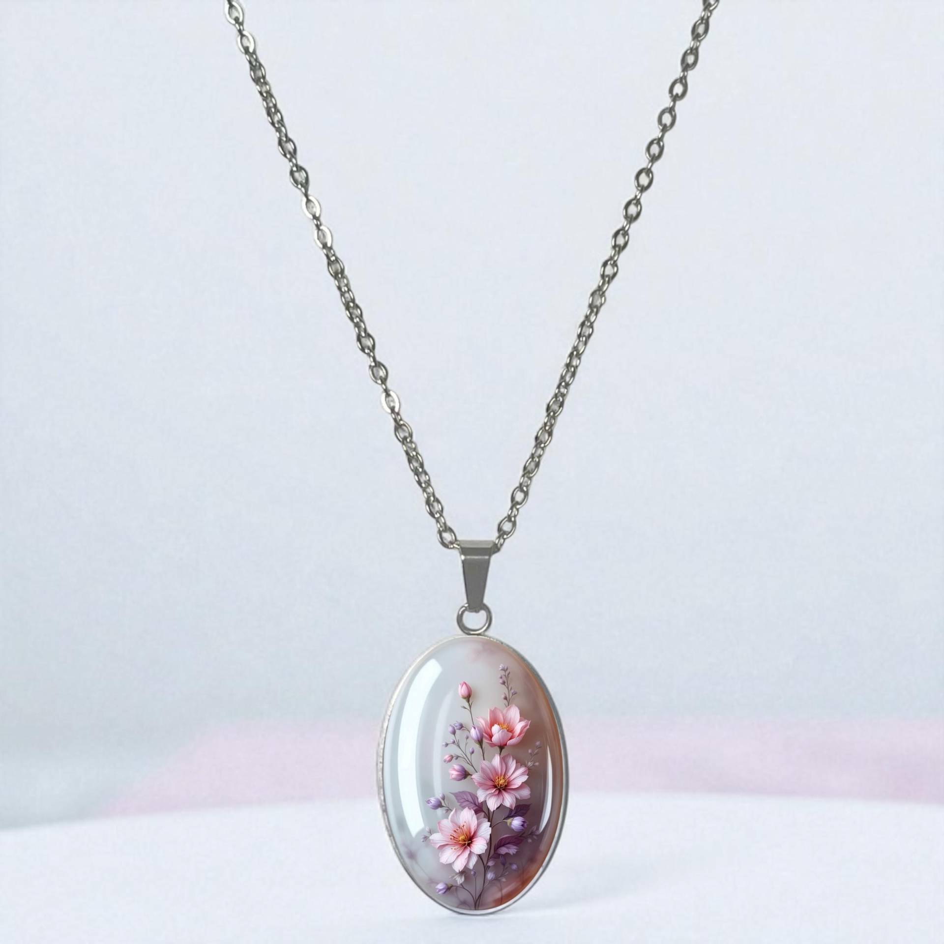 Halskette Mit Ovalem Anhänger Silber Blumen von Sweetlittlelove24