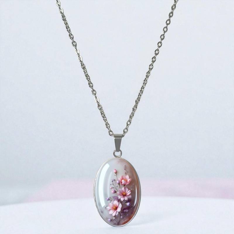 Halskette Mit Ovalem Anhänger Silber Blumen von Sweetlittlelove24