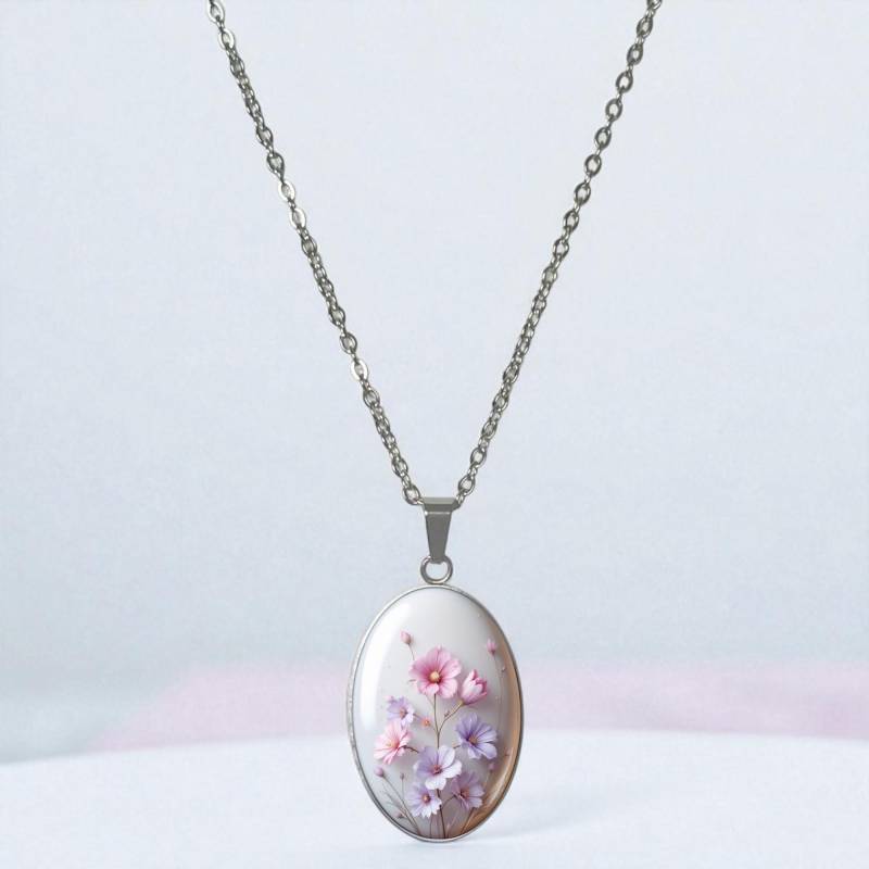 Halskette Silber Mit Blumen Anhänger Oval Rosa Flieder Weiß Halskette Silber Mit Blumen Anhänger Oval Rosa Flieder Weiß von Sweetlittlelove24