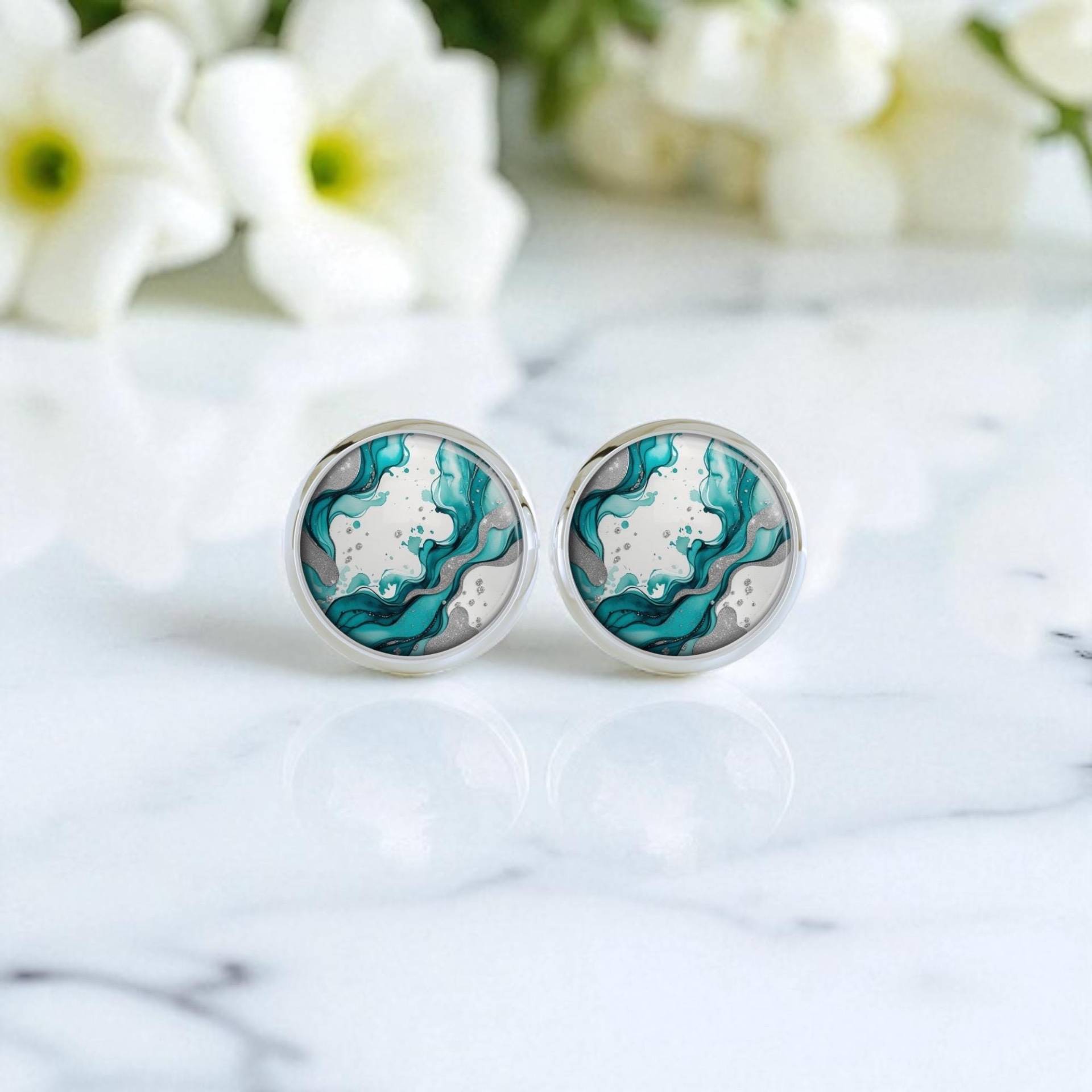 Ohrringe Silber Rund Türkis Aquarellmuster Edelstahl Ohrringe Silber Rund Türkis Aquarellmuster Edelstahl von Sweetlittlelove24