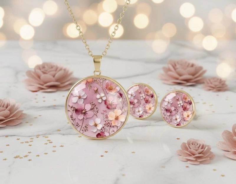 Schmuck Geschenk Set Schmuckset Gold Rosa Blumen von Sweetlittlelove24