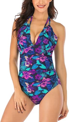 Sweetneed chida yi Badeanzug Damen Push Up mit Retro Schlankheits Raffung Neckholder Badeanzug mit Push One Piece Schwimmanzug von Sweetneed chida yi