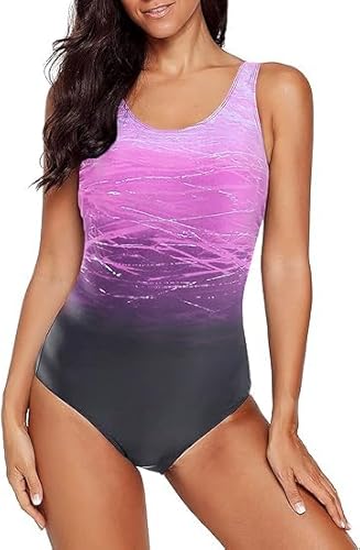 Sweetneed chida yi Damen Badeanzug Sport Bademode Damen Bauchweg Einteiliger Badeanzug Sexy Push Up Badeanzüge Damen Swim Suit Monokini Damen Strandmode Damen Sommer (Farbverlauf lila,L) von Sweetneed chida yi