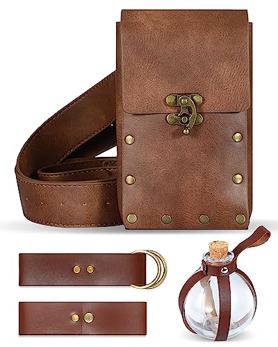 Sweetude 5 Stück Renaissance Gürteltasche Hüfttasche Mittelalter Rock Wanderung Vintage Becher Strap Festival Kork Trank Flasche Leder Gürtel für Halloween Cosplay Party DIY Handwerk Kostüm Zubehör, von Sweetude