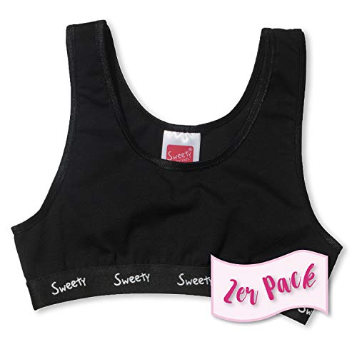 Sweety 2er Set Mädchen Bustier aus Single Jersey Gr. 128 I Sport-BH mit Breiten Trägern I Elastischer Mädchen BH für Kinder mit Einfassband I Kinder Unterwäsche I BH für Mädchen I Schwarz von Sweety