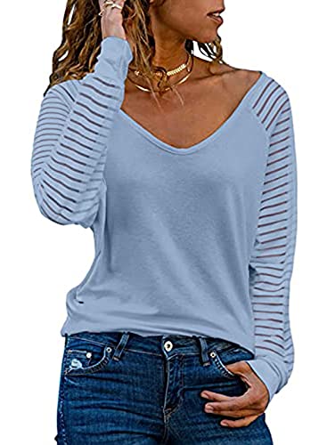 Sweezarmo Damen Casual Tops, Blusen, Gestreifte Mesh-Ärmel, Transparente Ärmel, Langarm-Blusen, V-Ausschnitt-Blusen, L,Blau,Größe von Sweezarmo