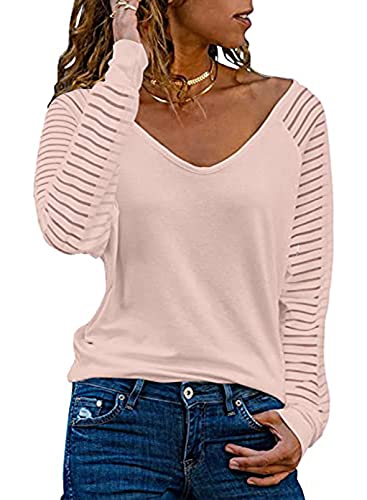 Sweezarmo Damen Casual Tops, Blusen, Gestreifte Mesh-Ärmel, Transparente Ärmel, Langarm-Blusen, V-Ausschnitt-Blusen, S,Rosa,Klein von Sweezarmo