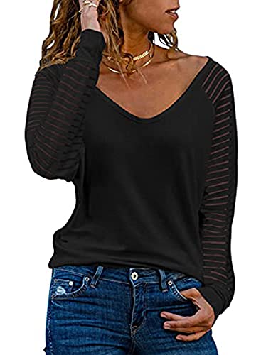 Sweezarmo Damen Casual Tops, Blusen, Gestreifte Mesh-Ärmel, Transparente Ärmel, Langarm-Blusen, V-Ausschnitt-Blusen, S,Schwarz,Klein von Sweezarmo