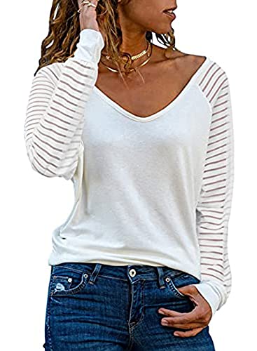 Sweezarmo Damen Casual Tops, Blusen, Gestreifte Mesh-Ärmel, Transparente Ärmel, Langarm-Blusen, V-Ausschnitt-Blusen, XL,weiß,X-Large von Sweezarmo