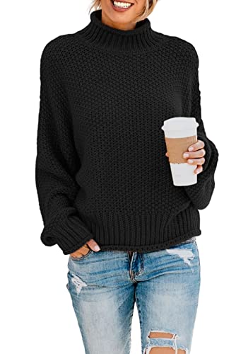 Sweezarmo Damen Elegant Pullover Rollkragen Casual Langarm Stricken Sweater Fledermaus Grobstrick Pullover Lose Pullover,Sweatshirt Damen, L,Groß,Schwarz von Sweezarmo