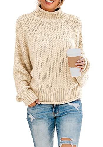 Sweezarmo Damen Elegant Pullover Rollkragen Casual Langarm Stricken Sweater Fledermaus Grobstrick Pullover Lose Pullover,Sweatshirt Damen, M,Mittel,Beige von Sweezarmo