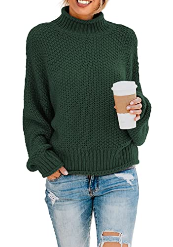 Sweezarmo Damen Elegant Pullover Rollkragen Casual Langarm Stricken Sweater Fledermaus Grobstrick Pullover Lose Pullover,Sweatshirt Damen, S,Klein,Grün von Sweezarmo