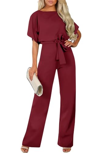 Sweezarmo Damen Elegante Halbe Ärmel Laterne Ärmel Jumpsuit Mit Gürtel Weites Bein Hose Jumpsuit L Große Rot von Sweezarmo