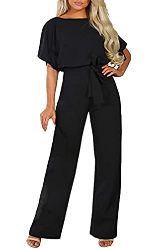 Sweezarmo Damen Elegante Halbe Ärmel Laterne Ärmel Jumpsuit Mit Gürtel Weites Bein Hose Jumpsuit L Große Schwarz von Sweezarmo