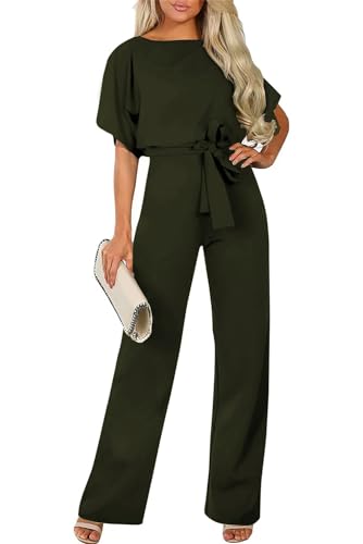 Sweezarmo Damen Elegante Halbe Ärmel Laterne Ärmel Jumpsuit Mit Gürtel Weites Bein Hose Jumpsuit M Mittel Grün von Sweezarmo