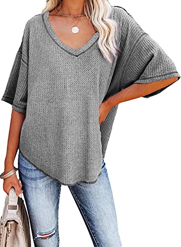 Sweezarmo Damen Sommer T-Shirt,Damen Casual Lose Blusen Damen Slouchy T-Shirt, Damen Klassisch Waffle Short Sleeve, M,Mittel,Grau von Sweezarmo