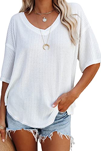 Sweezarmo Damen Sommer T-Shirt,Damen Casual Lose Blusen Damen Slouchy T-Shirt, Damen Klassisch Waffle Short Sleeve, M,Mittel,Weiß von Sweezarmo