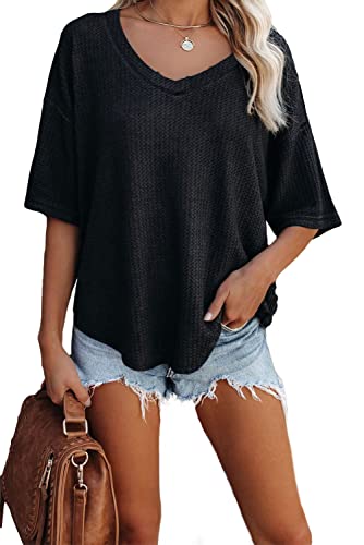 Sweezarmo Damen Sommer T-Shirt,Damen Casual Lose Blusen Damen Slouchy T-Shirt, Damen Klassisch Waffle Short Sleeve, XXL,XX-Large,Schwarz von Sweezarmo