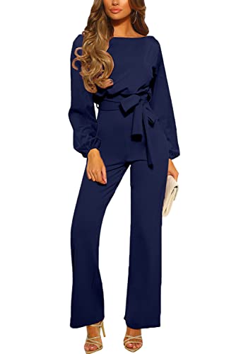 Sweezarmo Damen elegante Jumpsuit Langarm Laterne Ärmel Jumpsuit mit Gürtel Weites Bein Hosen Jumpsuit L,Groß,Blau von Sweezarmo