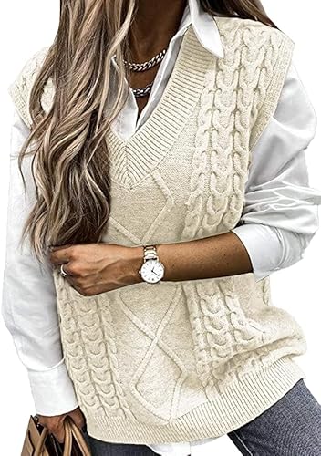 Sweezarmo Frauen V-Ausschnitt Strickweste Solid Oversized Pullover Casual ärmellos Pullover Frauen Top XXL XX-Large Beige von Sweezarmo