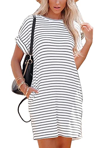 Sweezarmo Sommerkleid Damen Knielang Casual Strandkleid A-Linie Kurzarm Kleid Gestreifte Loose Swing Freizeitkleid(Taschen an der Taille) XL X-Large Weiß gestreift von Sweezarmo