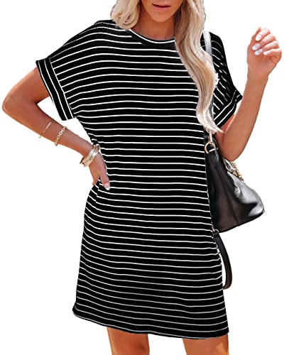 Sweezarmo Sommerkleid Damen Knielang Casual Strandkleid A-Linie Kurzarm Kleid Gestreifte Loose Swing Freizeitkleid(Taschen an der Taille) L Große Schwarz gestreift von Sweezarmo