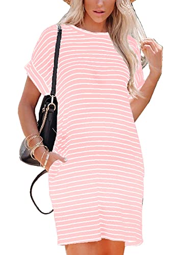 Sweezarmo Sommerkleid Damen Knielang Casual Strandkleid A-Linie Kurzarm Kleid Gestreifte Loose Swing Freizeitkleid(Taschen an der Taille) M Mittel Rosa gestreift von Sweezarmo