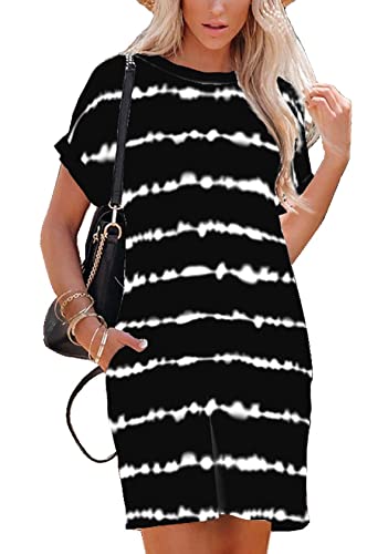 Sweezarmo Sommerkleid Damen Knielang Casual Strandkleid A-Linie Kurzarm Kleid Gestreifte Loose Swing Freizeitkleid(Taschen an der Taille) M Mittel Schwarz Welle von Sweezarmo