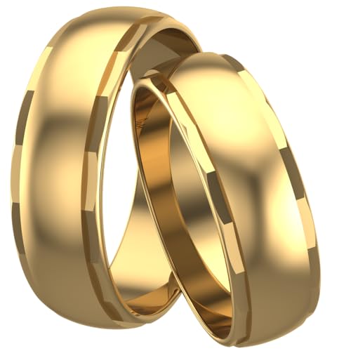 Golden Eheringen aus 925 Sterling Silber 24 Karat vergoldet mit Schnitten verziert | Paar-Preis Ehe-Ringe mit kostenfreier Gravur I Partnerringe Freundschaftsringe Verlobungsringe | Muster 026 (6 mm) von Świat Obrączek