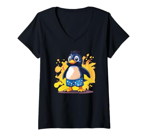 Damen Niedlicher Urlaubspinguin in Badeshorts für Pool- und Ozean-Fans T-Shirt mit V-Ausschnitt von Swim Shorts Outfit