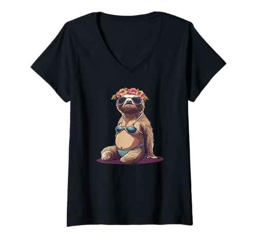 Damen Lustige Blumenkrone und Faultier im Bikini-Kostüm T-Shirt mit V-Ausschnitt von Swimsuit Sloth