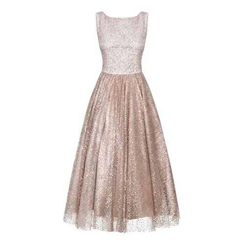 Swing Fashion Damen Glitzerkleid | Partykleid | Abendkleid | Cocktailkleid | Ballkleid | Abschlussballkleid | Hochzeitskleid | Festliches Kleid | Midikleid | Ärmelloses | Nacktfarbe | 34 von Swing Fashion