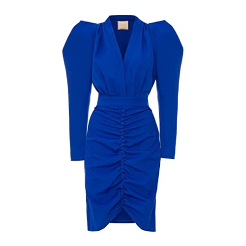 Swing Fashion Damen Kleid Elegant | Partykleid | Cocktailkleider | Abendkleid | Business Kleider | Festliches Kleid | Bleistiftkleid | Bodycon | V-Ausschnitt | Knielang | Langarm | Blau | S(36) von Swing Fashion