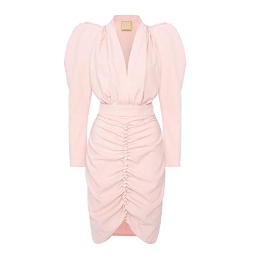 Swing Fashion Damen Kleid Elegant | Partykleid | Cocktailkleider | Abendkleid | Business Kleider | Festliches Kleid | Bleistiftkleid | Bodycon | V-Ausschnitt | Knielang | Langarm | Puderrosa | XS(34) von Swing Fashion