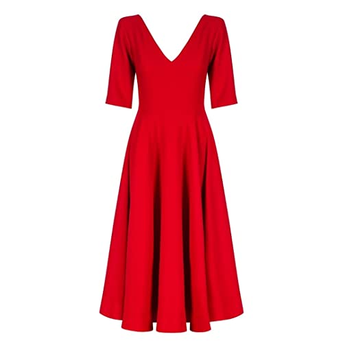 Swing Fashion Women's Sally Rose Damen Midikleid | Elegantes Festliches Kleid | Partykleid | Abendkleid | Hochzeitskleider | Abschlussballkleid | Ballkleid | V-Ausschnitt | 3/4 Ärmel | Rot | 36 (S) von Swing Fashion