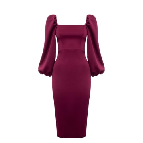 Swing Fashion Kastanienbraunes Bleistift-Midikleid aus Satin von Giselle mit Puffärmeln und einem Mock-Ausschnitt | Größe 36 von Swing Fashion