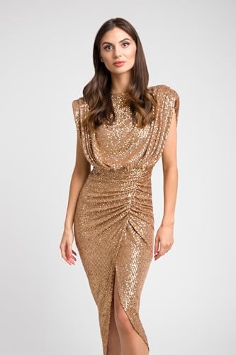 Swing Fashion Phänomenal Gold Tailliertes Nicol Sommer Pailletten Ärmelloses Midikleid 36(S) | Ideal für eine Party, einen Abend mit Freunden von Swing Fashion