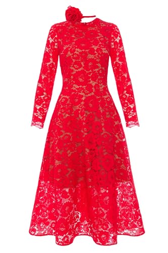 Swing Fashion Rotes Midikleid aus Spitze Elena mit Langen Ärmeln Ausgestelltem Schnitt Rosenverzierung 36(S) | Ideal für Dinnerpartys Firmenweihnachtsabende Weihnachten Kommunionen Taufen von Swing Fashion